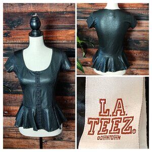 LA Teez Vintage 90s Top L Black Faux Leather Snakeskin Corset Peplum Sexy Shirt
